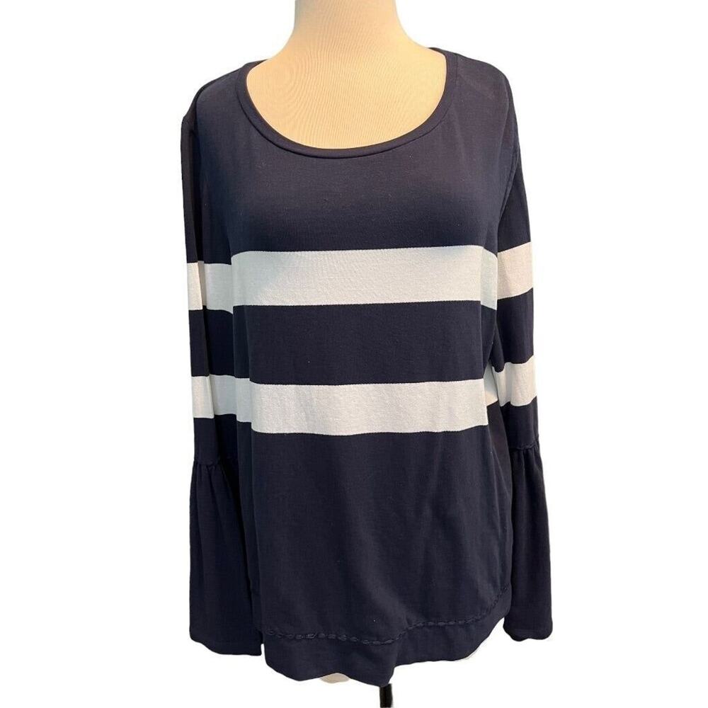 Large Crown & Ivy Navy White Sweater Flutter Sleeve Lightweight‎